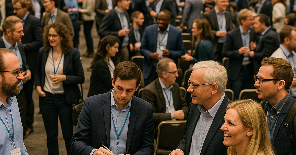 The image depicts a bustling conference hall filled with attendees engaged in discussions and networking  The atmosphere is vibrant with a mix of professionals from various sectors exchanging ideas some taking notes while others are immersed in prese-1-1
